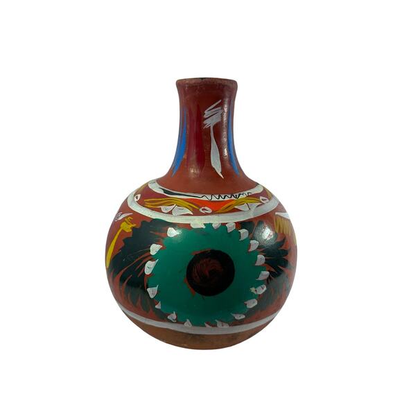 Hand Painted Red Ware Pottery Vessel Decanter Pitcher Jug Folk Art 11.5x8 in - Picture 2 of 12